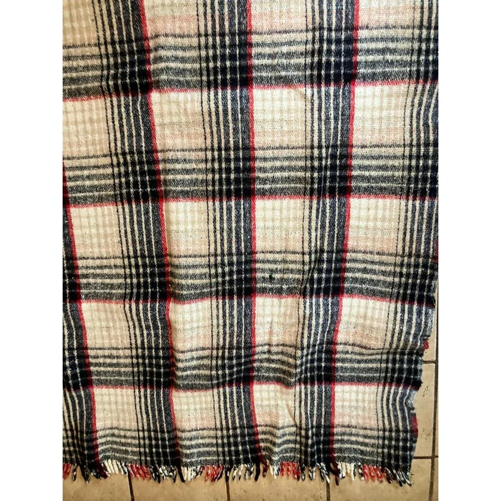 Pine Brooks Maroon Black White Plaid Reversible Fringe Blanket 59”x82” Vintage